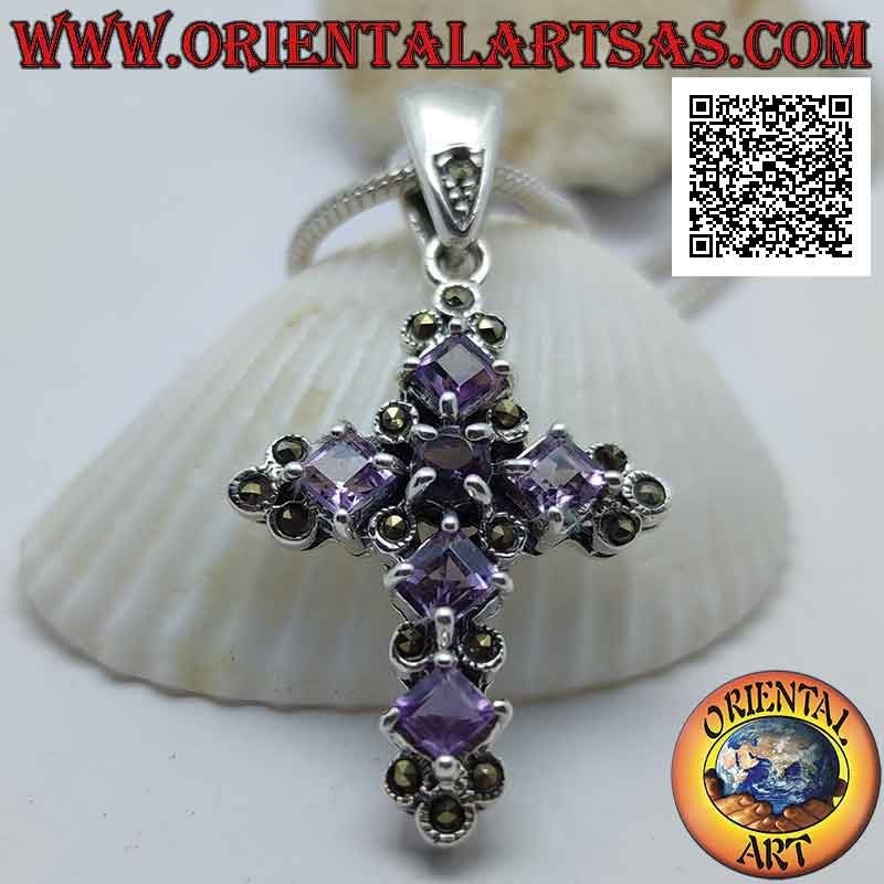 Silver pendant in the shape of a cross with 5 rhomboidal square amethysts and 1 central round and marcasite around