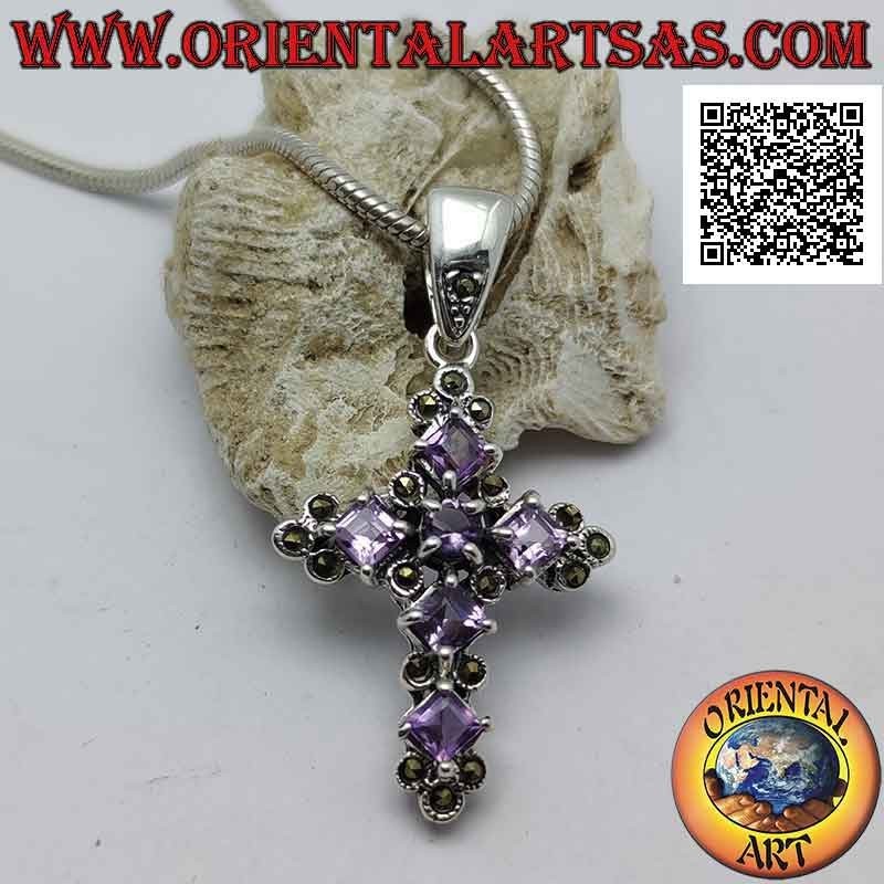 Silver pendant in the shape of a cross with 5 rhomboidal square amethysts and 1 central round and marcasite around
