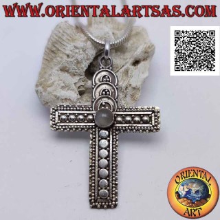 Silver pendant Christian cross with moonstone (adularia) round central cabochon and decorations with balls