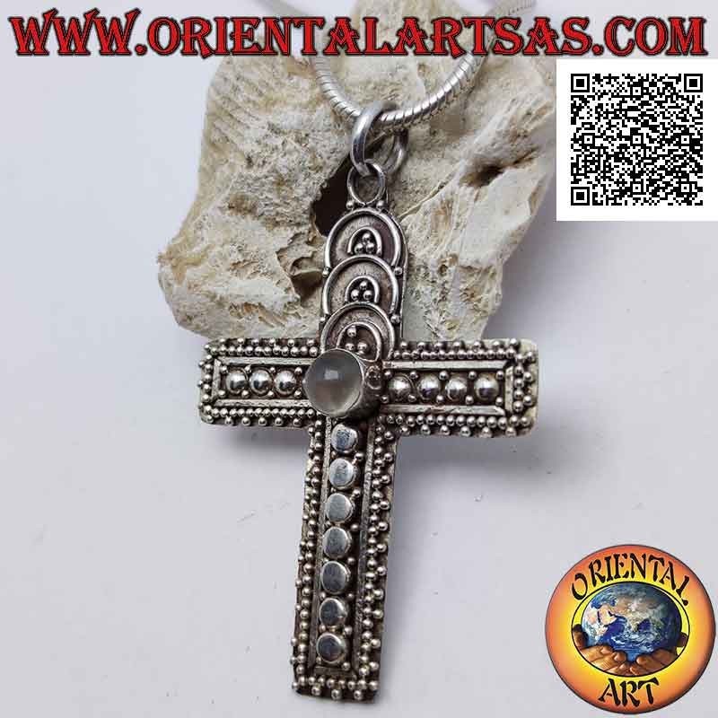 Silver pendant Christian cross with moonstone (adularia) round central cabochon and decorations with balls