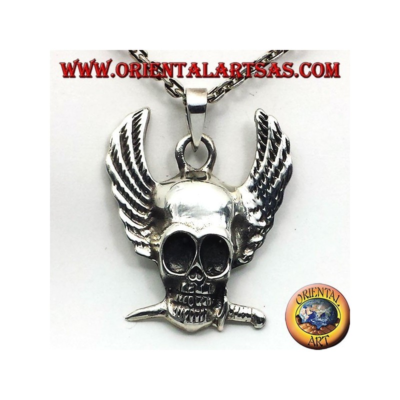 Skull with Wings and Dagger in Teeth Pendant 925 Sterling Silver - Oriental Art