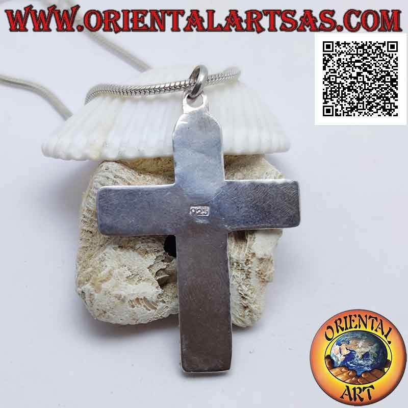 Pendentif en argent croix chrétienne avec pierre de lune (adularia) cabochon central rond et décorations avec boules