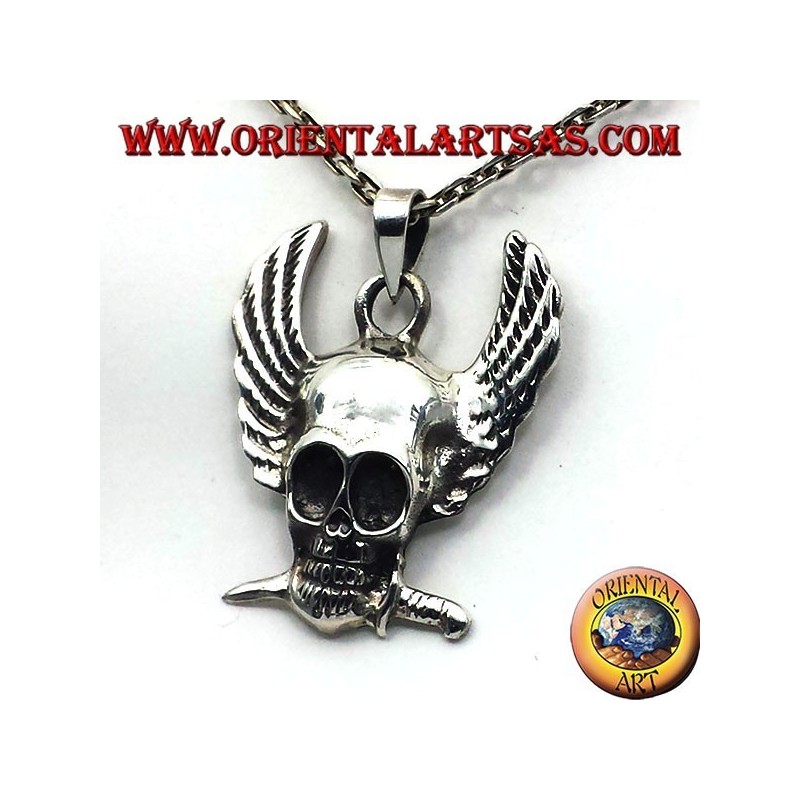 silver pendant skull with wings