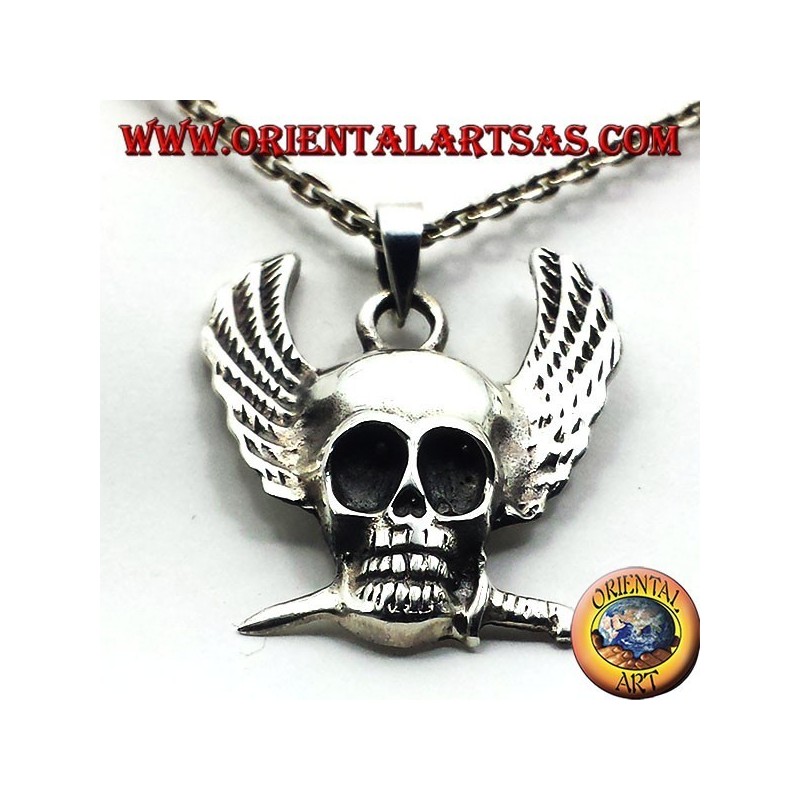 argent crâne pendentif avec des ailes