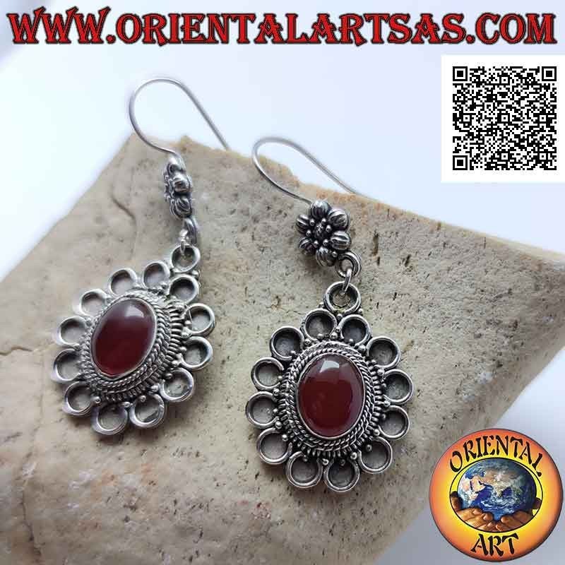 Hook silver earrings with cabochon oval carnelian surrounded by bas-relief circles