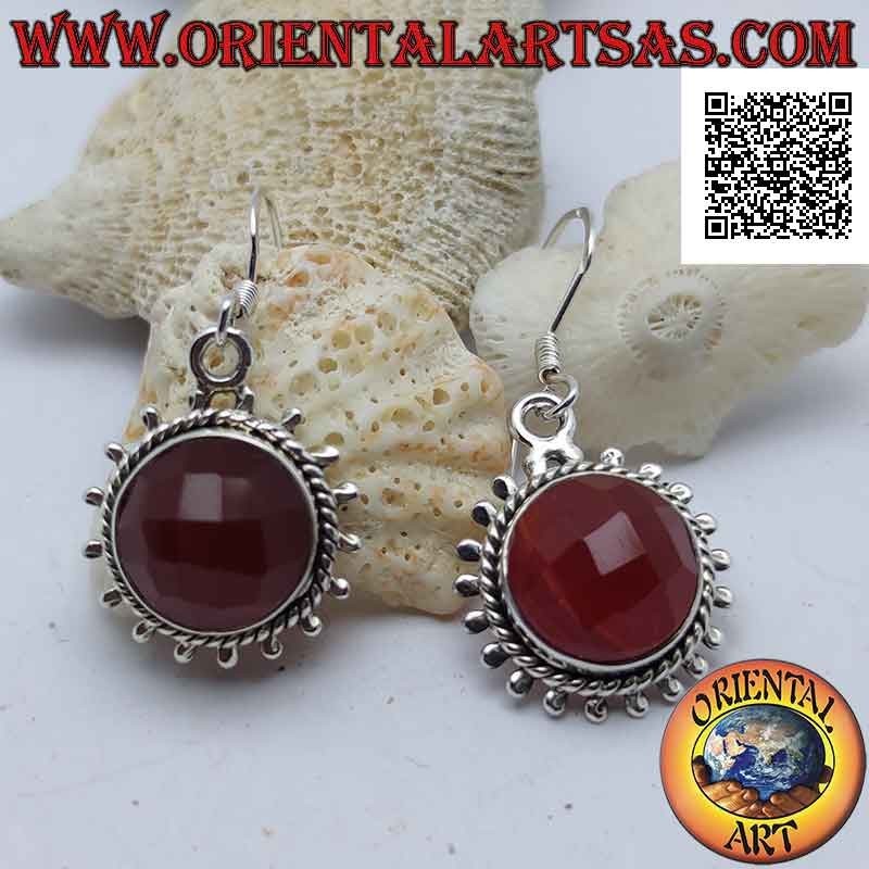 Boucles d'oreilles en argent avec soleil de cornaline ronde facettée et rayons d'argent