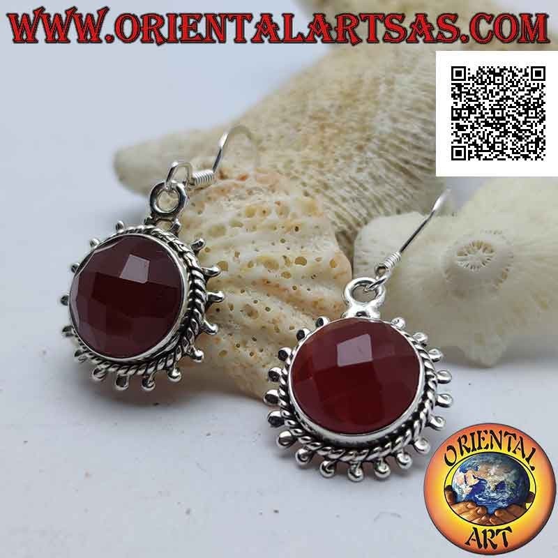 Boucles d'oreilles en argent avec soleil de cornaline ronde facettée et rayons d'argent