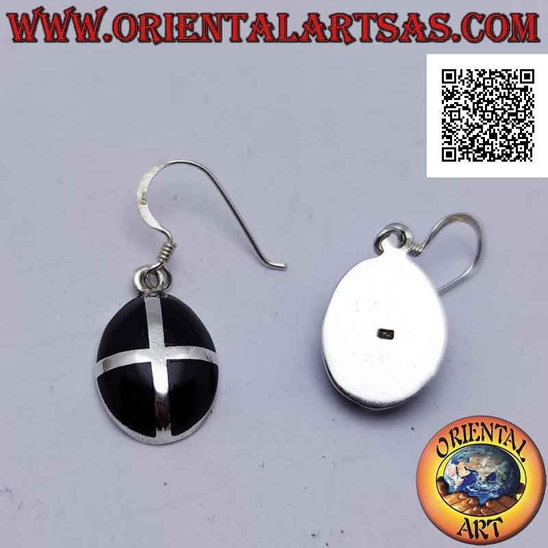 Silver earrings with cabochon oval onyx crossed by a silver cross