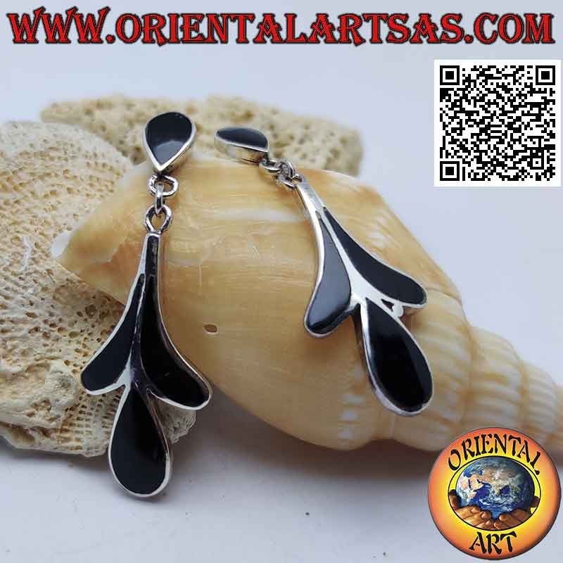Boucles d'oreilles en argent en forme d'hibiscus à bord lisse onyx