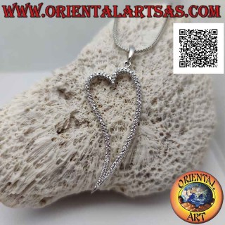 Silver pendant, heart outline with elongated tip studded with white micro-rhinestones