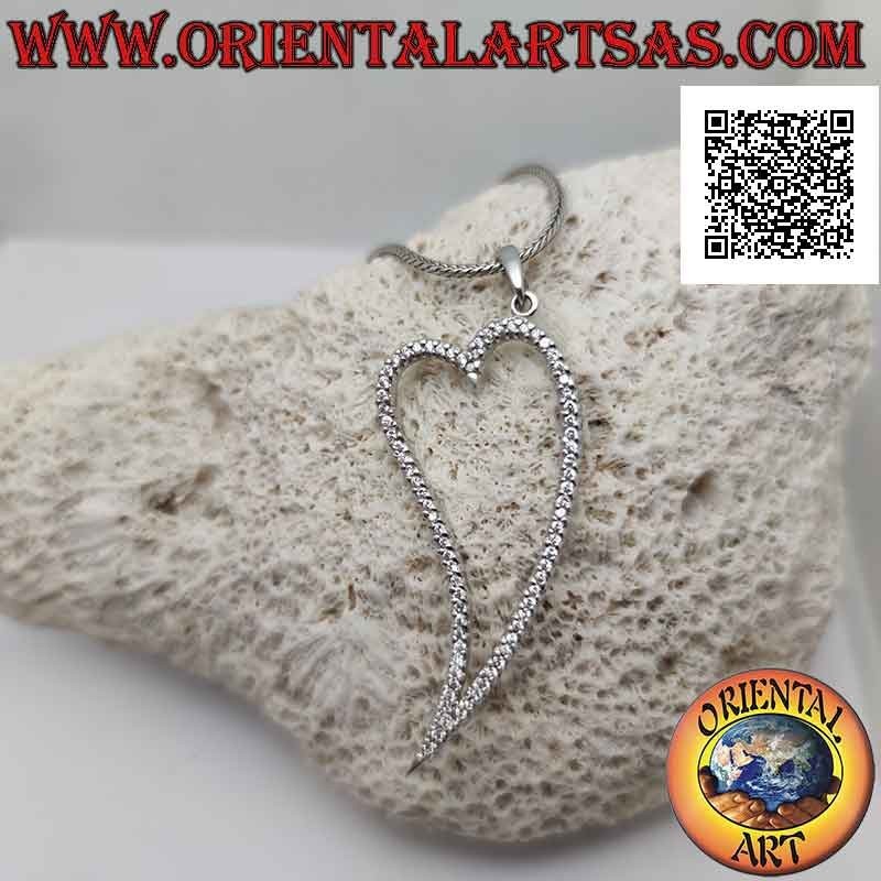 Silver pendant, heart outline with elongated tip studded with white micro-rhinestones