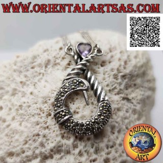 Collana in argento 925 ‰ coppia di catenine con ciondolo centrale tempestato di marcassite e cuore di ametista