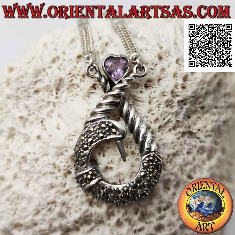 Collar de plata 925 ‰, par de cadenas con colgante central tachonado de marcasita y corazón de amatista