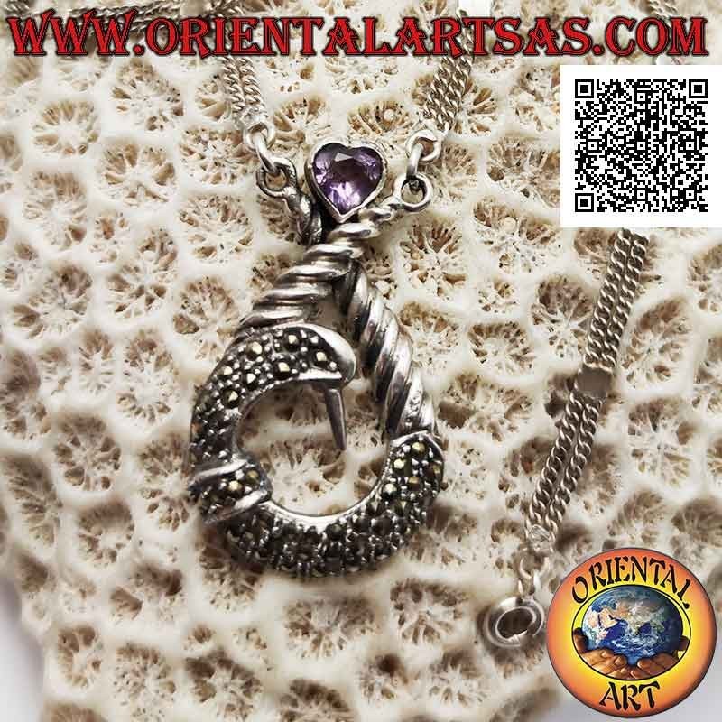Collier en argent 925 ‰, paire de chaînes avec pendentif central serti de marcassite et cœur d'améthyste