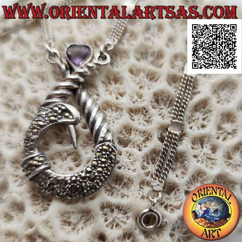 Collier en argent 925 ‰, paire de chaînes avec pendentif central serti de marcassite et cœur d'améthyste