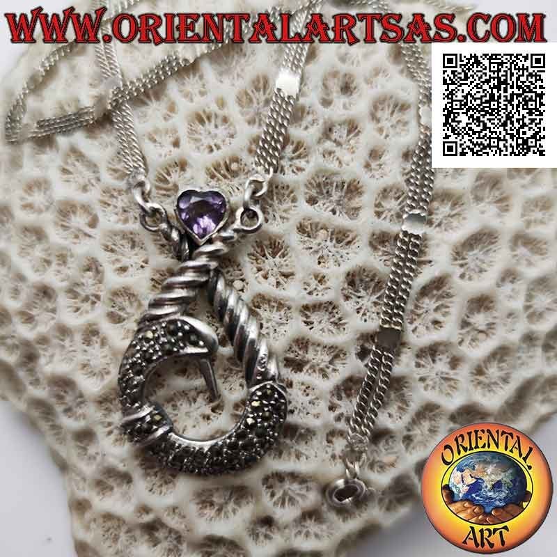 Collana in argento 925 ‰ coppia di catenine con ciondolo centrale tempestato di marcassite e cuore di ametista