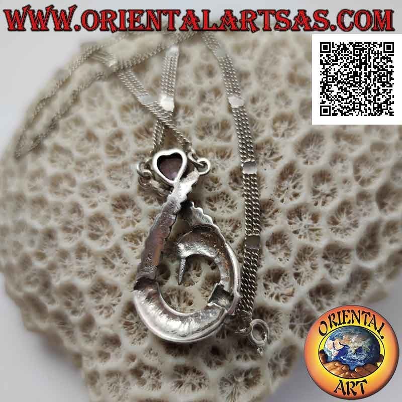 925 ‰ silver necklace, pair of chains with central pendant studded with marcasite and amethyst heart