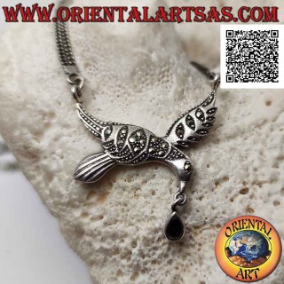 Collana in argento 925 ‰ coppia di catenine con rondine centrale tempestata di marcassite e goccia di onice