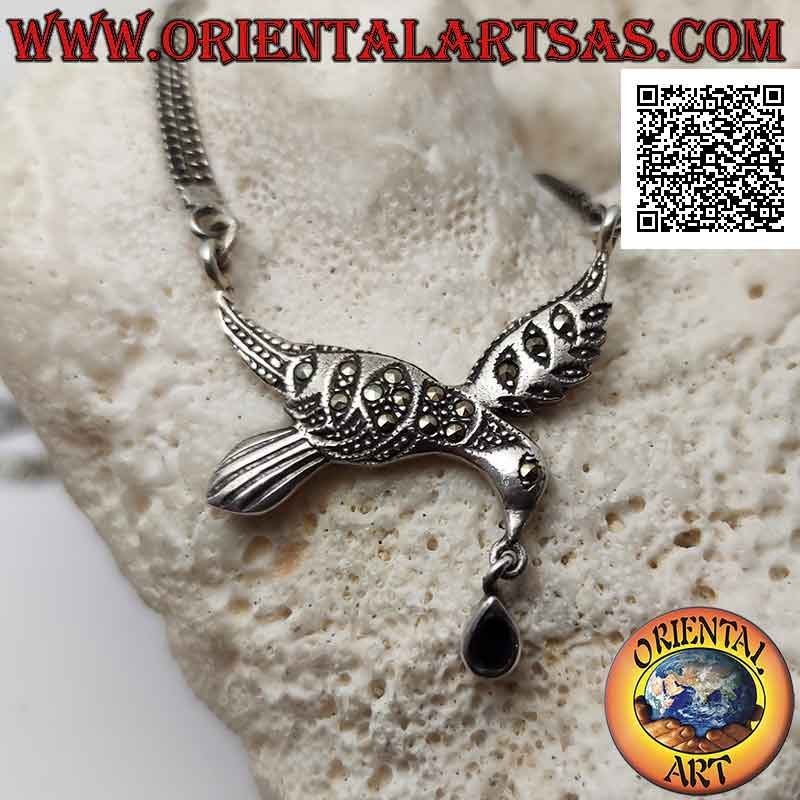 925 ‰ silver necklace, pair of chains with central swallow studded with marcasite and onyx drop