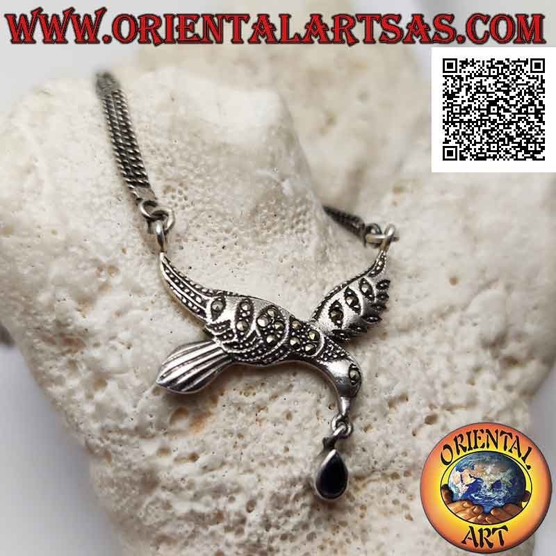 Collar de plata 925 ‰, par de cadenas con golondrina central tachonada de marcasita y gota de ónix