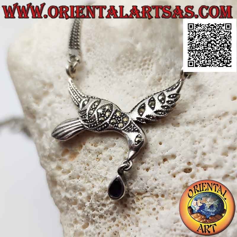 925 ‰ silver necklace, pair of chains with central swallow studded with marcasite and onyx drop