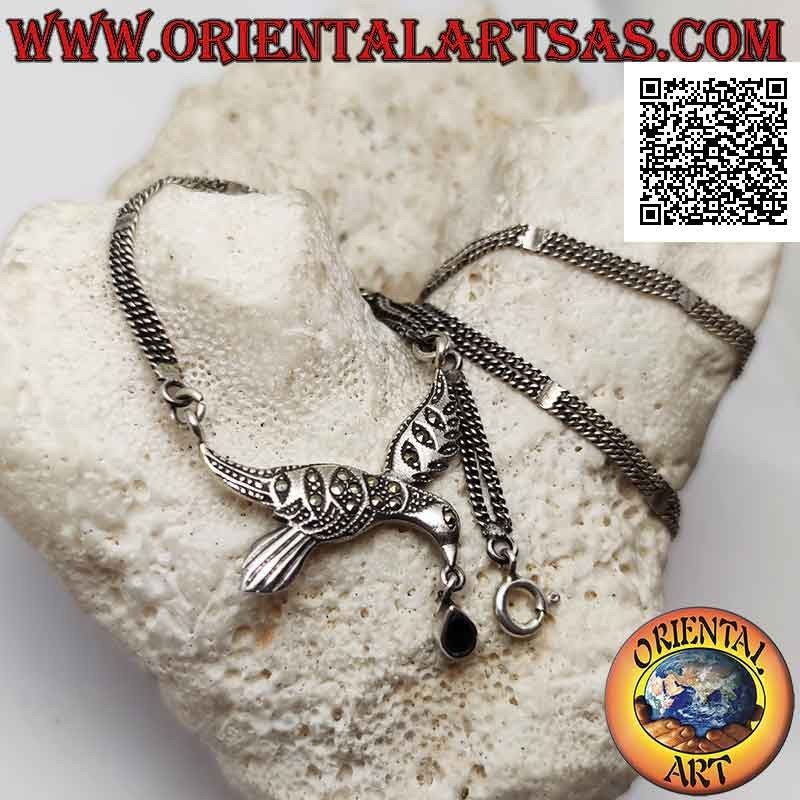 Collier en argent 925 ‰, paire de chaînes à hirondelle centrale sertie de marcassite et goutte d'onyx