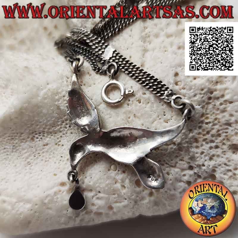 Collar de plata 925 ‰, par de cadenas con golondrina central tachonada de marcasita y gota de ónix