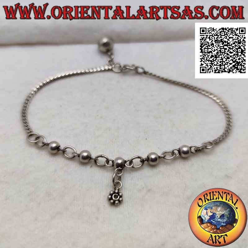 Bracelet en argent 925 ‰, mélange de serpent plat et de boules enchaînées avec fleur et cloche suspendues