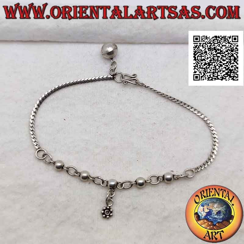 925 ‰ silver bracelet, mix of flat snake and chained balls with hanging flower and bell