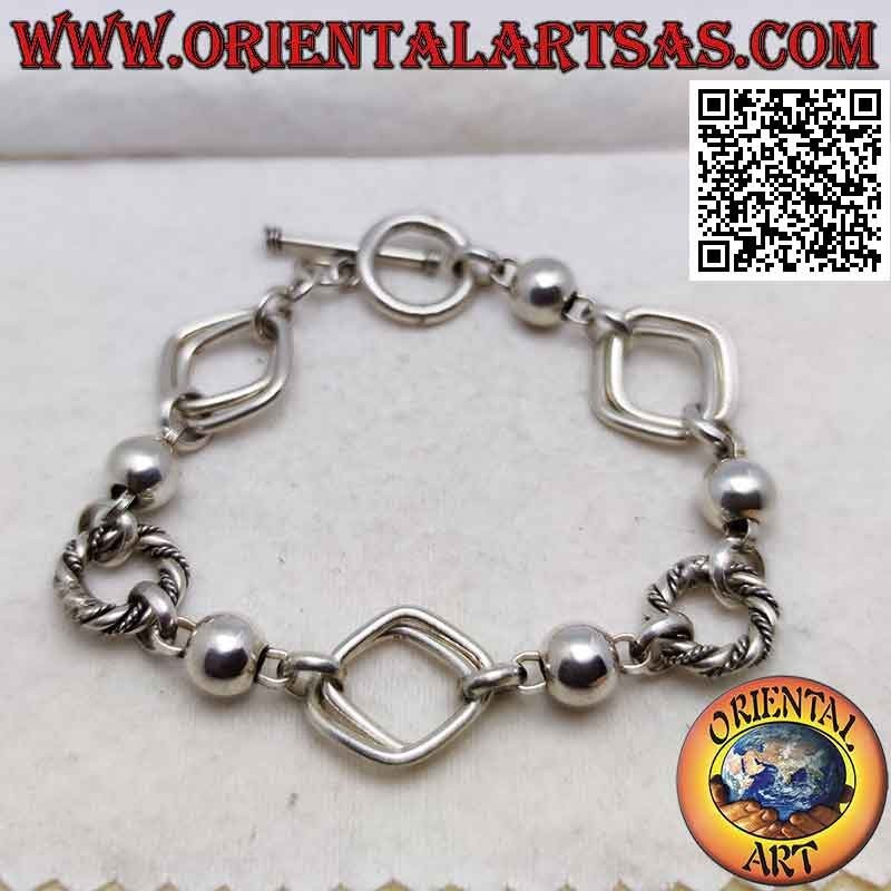 Pulsera de cadena de plata 925 ‰ con anillos de varias formas y bolas de 19 cm