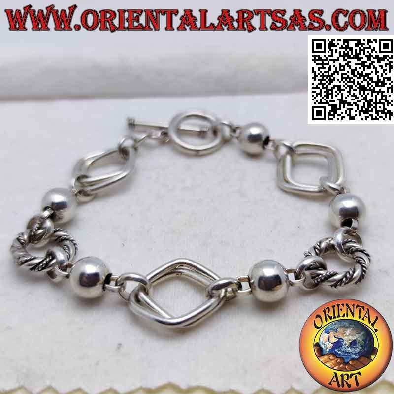 Bracelet chaîne en argent 925 ‰ avec anneaux de formes variées et boules de 19 cm