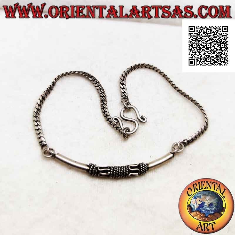 925 ‰ silbernes flaches Schlangenarmband mit glattem Mittelrohr (abwechselnd Serpentin und Verflechtung)