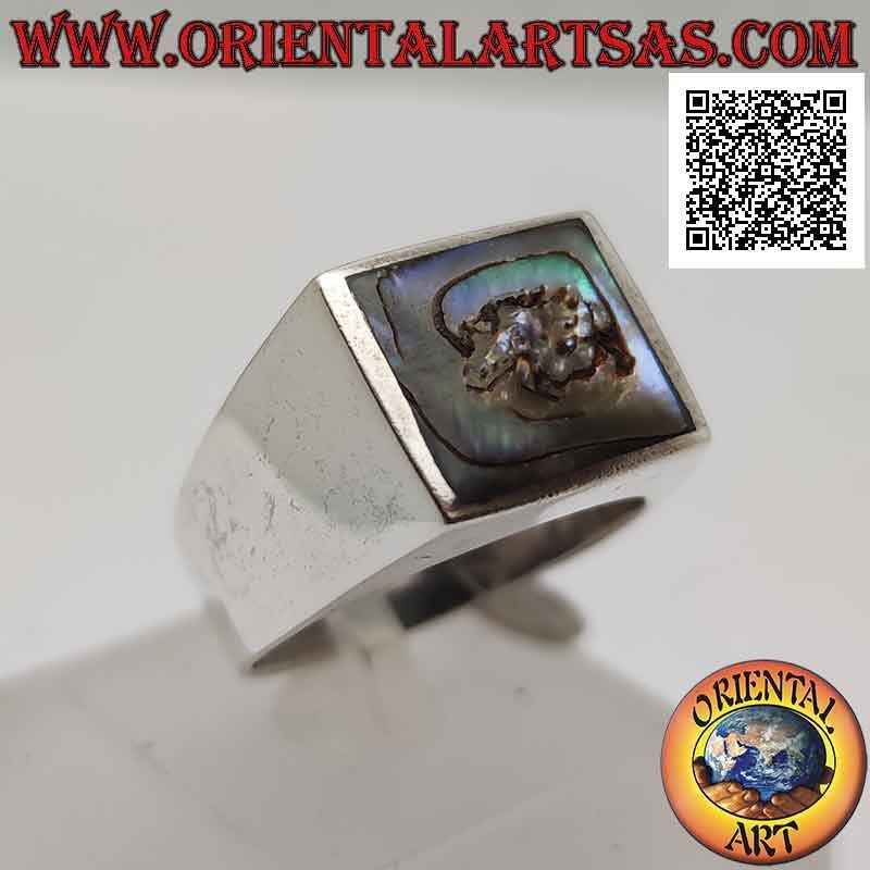 Silver ring with square paua shell (abalone) flush with the edge on a smooth setting