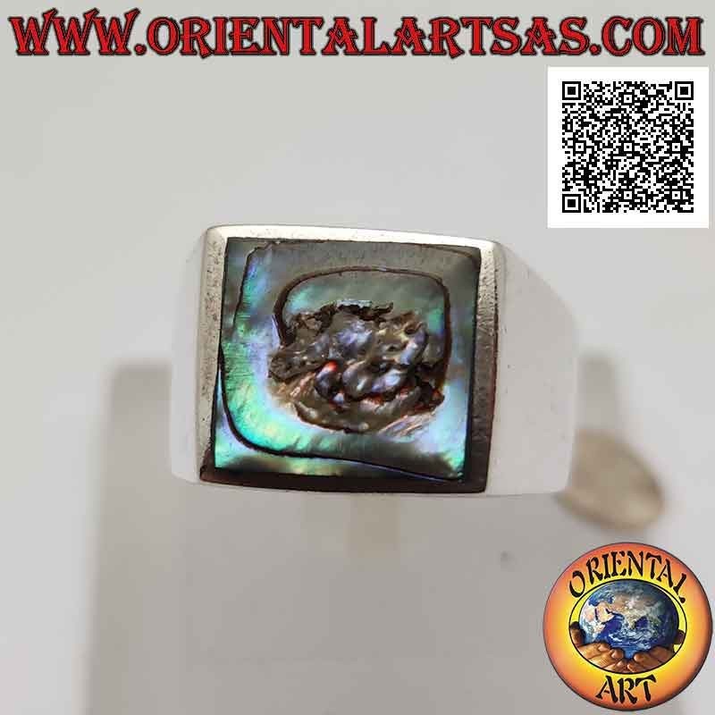 Silver ring with square paua shell (abalone) flush with the edge on a smooth setting