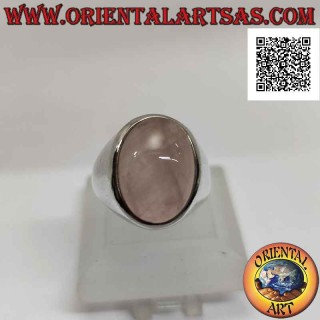 Silberring mit ovalem Cabochon-Rosenquarz auf glatter Fassung