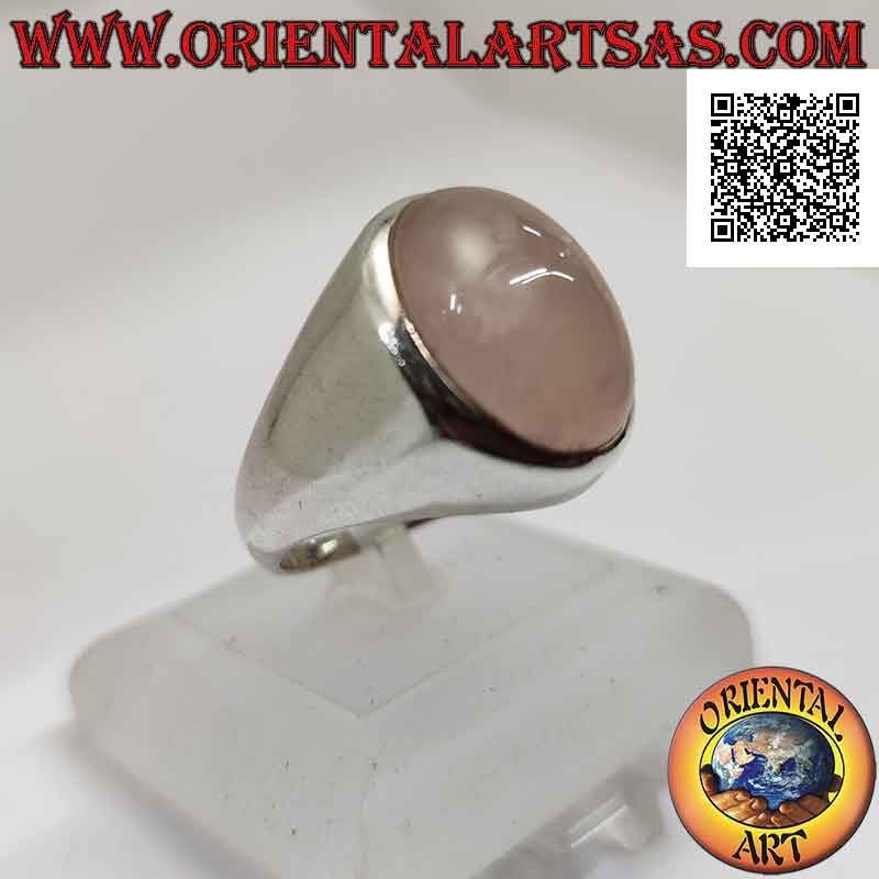Silberring mit ovalem Cabochon-Rosenquarz auf glatter Fassung