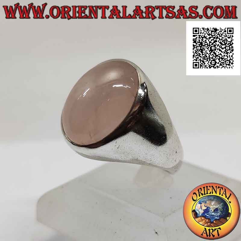 Bague en argent avec quartz rose ovale cabochon sur monture lisse
