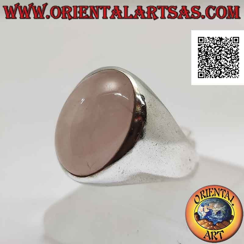 Silver ring with cabochon oval rose quartz on smooth setting