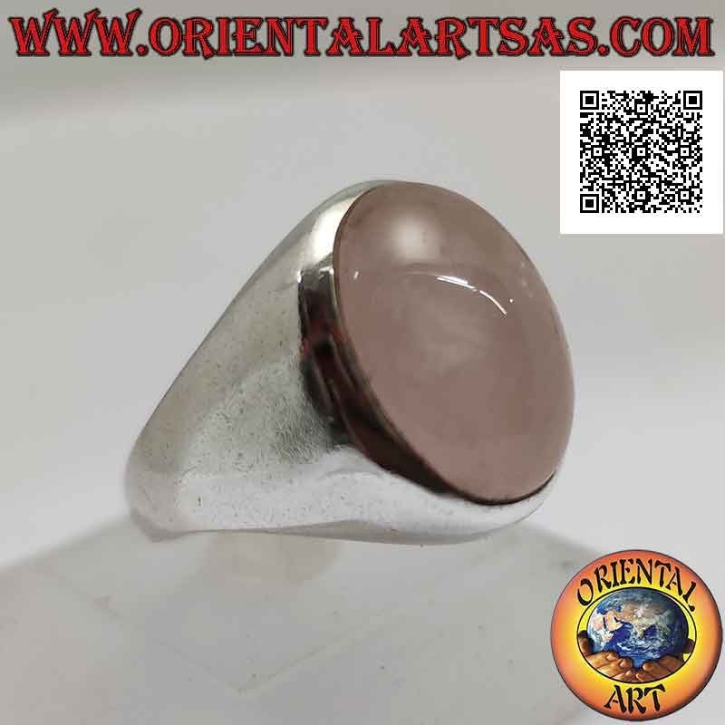 Silberring mit ovalem Cabochon-Rosenquarz auf glatter Fassung