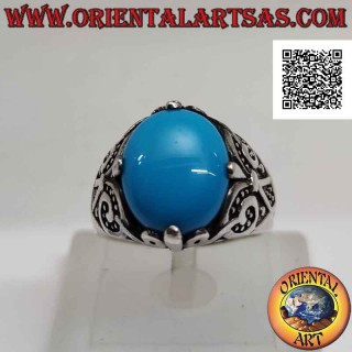 Anello in argento con turchese ovale cabochon incastonato a 4 con decorazione a giglio sui lati