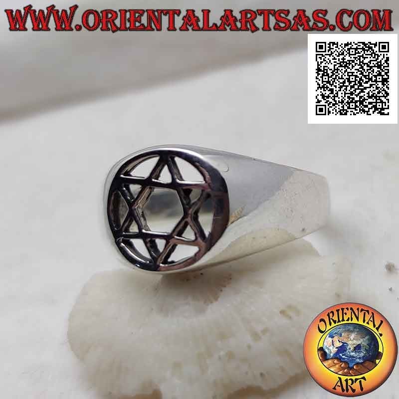 Silver ring with star of David (6-pointed star) in the perforated circle on a smooth setting