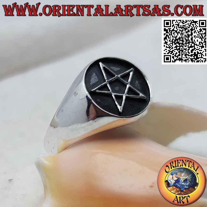 Silver ring with bas-relief pentacle on a darkened round background