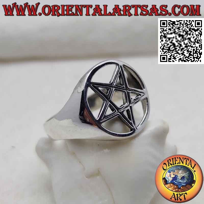 Silver ring with pentacle striped in the perforated circle on a smooth setting