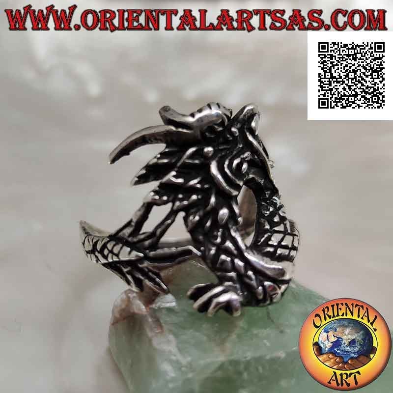 Bague en argent en forme de dragon oriental avec une moustache en mouvement et une queue enveloppante