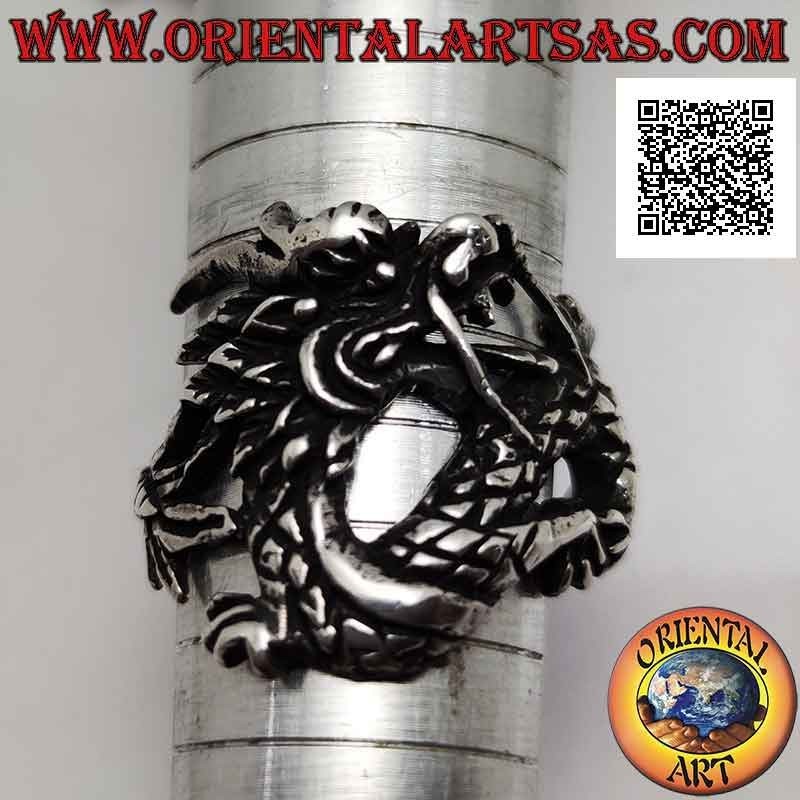 Anillo de plata en forma de dragón oriental con bigote en movimiento y cola envolvente