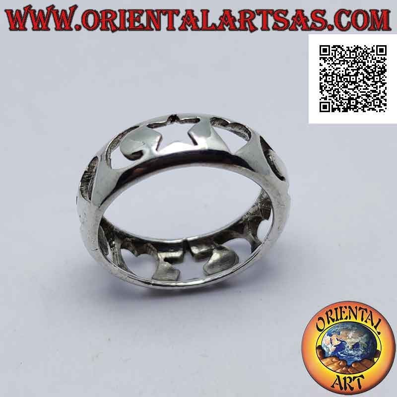 Silver ring with a smooth rounded band with hearts, stars and pierced moons