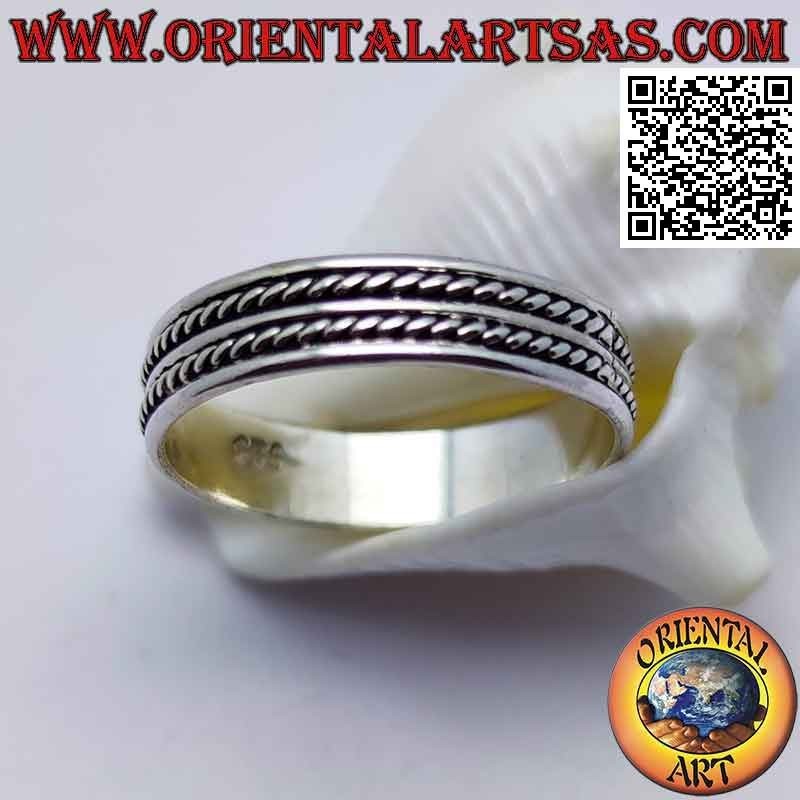 Silver ring with a smooth line between oblique interlacing