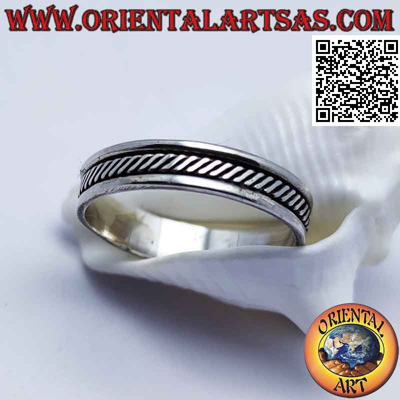 Silver ring with an oblique interweaving of smooth lines
