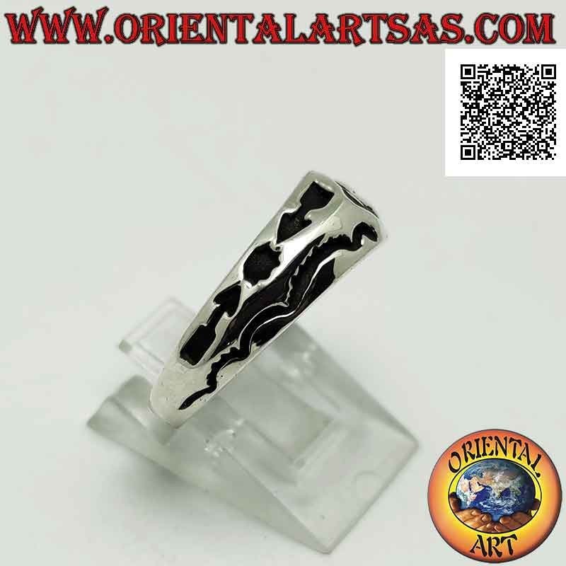 Anillo de plata con anillo de media luna con superposición con grabados mixtos