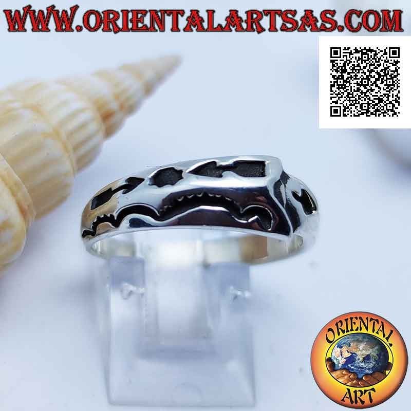 Anillo de plata con anillo de media luna con superposición con grabados mixtos